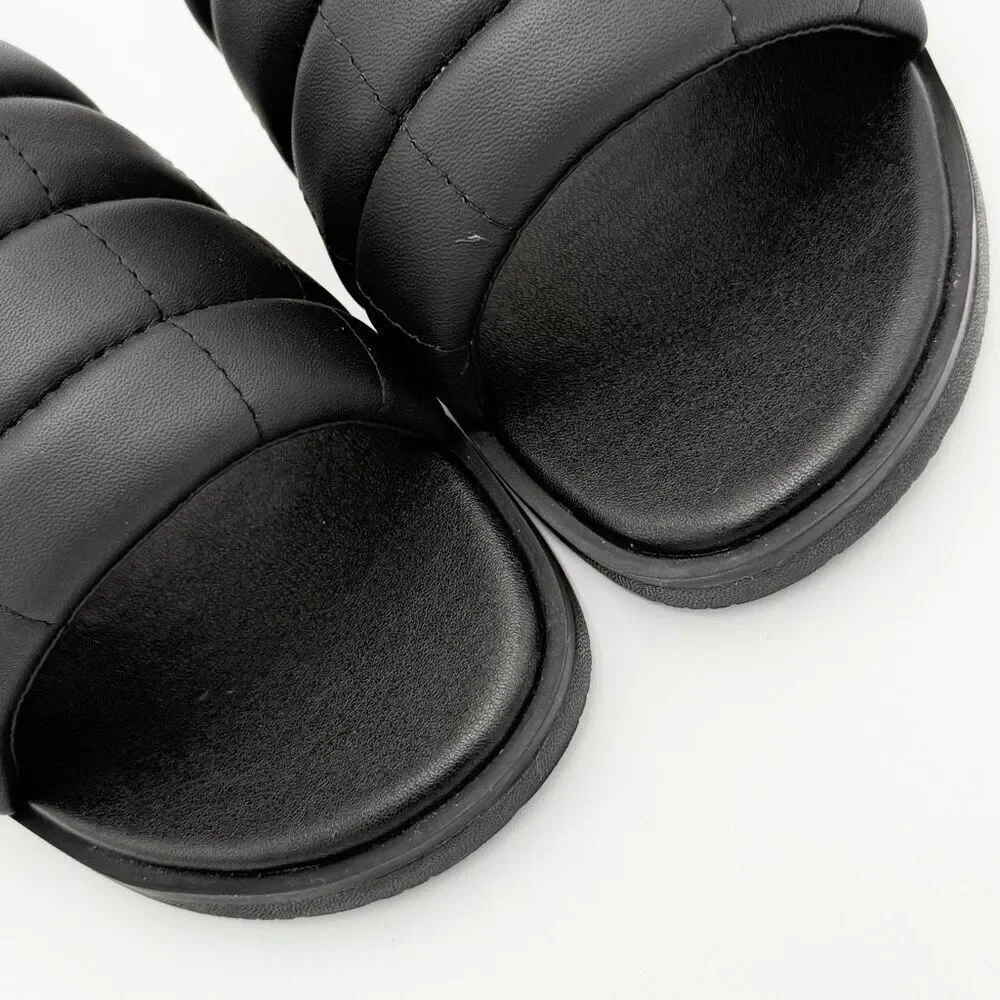 Sorel Ella III Quilted Puff Leather Black Slides - US Women’s Size 9 / EU 40 //